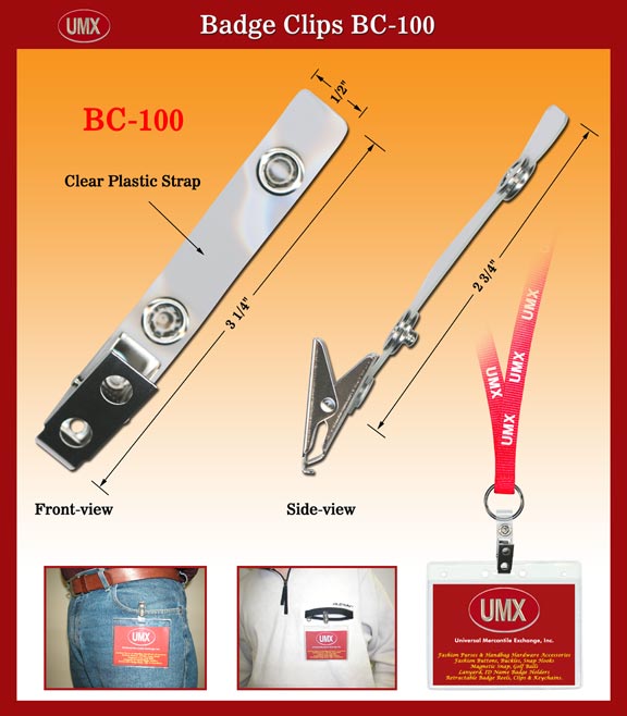 BC-100 Clear Plastic Badge Strap with Swivel Badge Clip(Bulldog Clips)