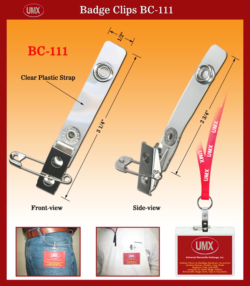 BC-111 Clear Plastic Badge Straps with Swivel Badge Clips and Pins