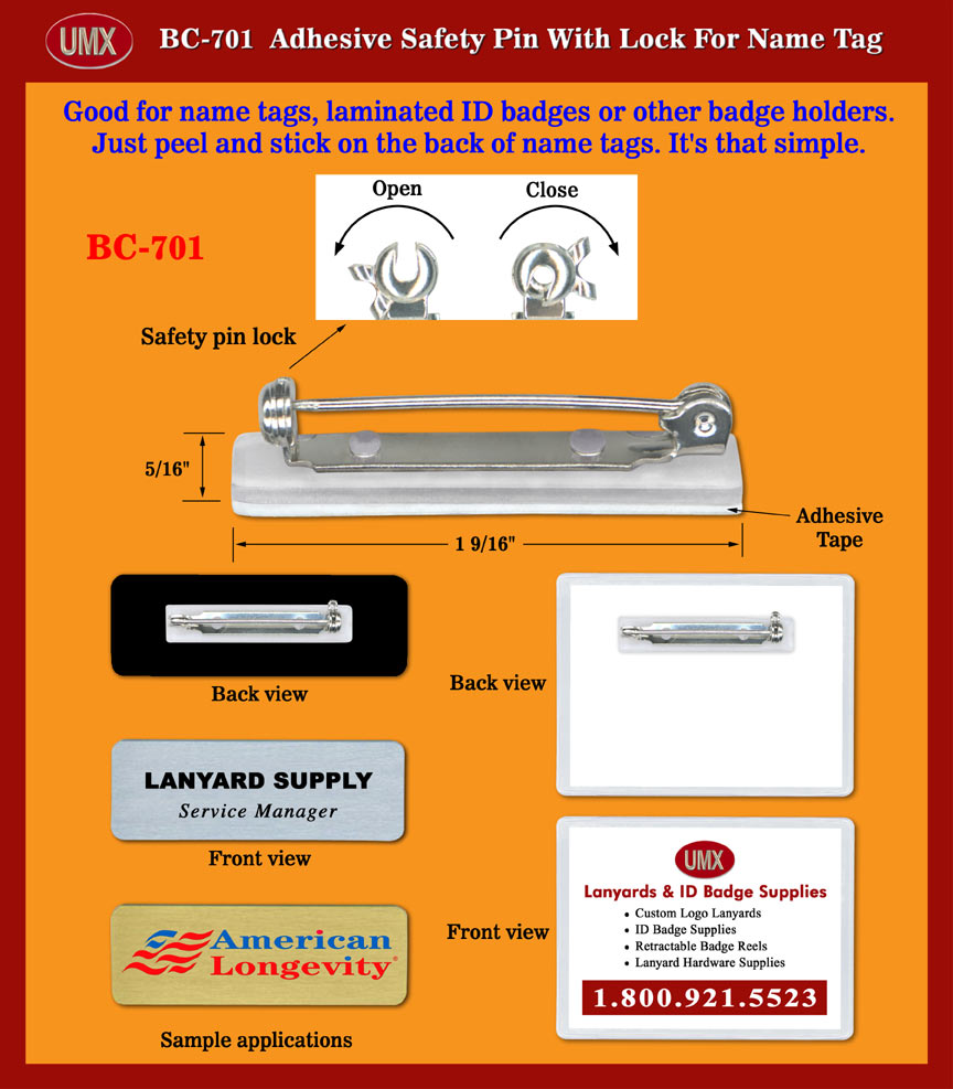 Adhesive Pin Clip ID Holders or Nametag Holders With Safety Locks.