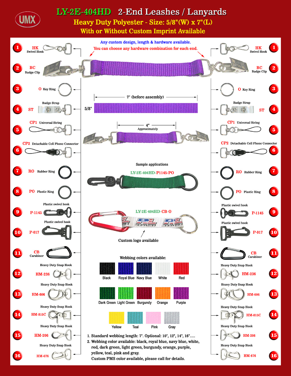 Best Seller: 5/8" Heavy Duty 2-End Leashes or Strap Lanyards with Plain Color Straps