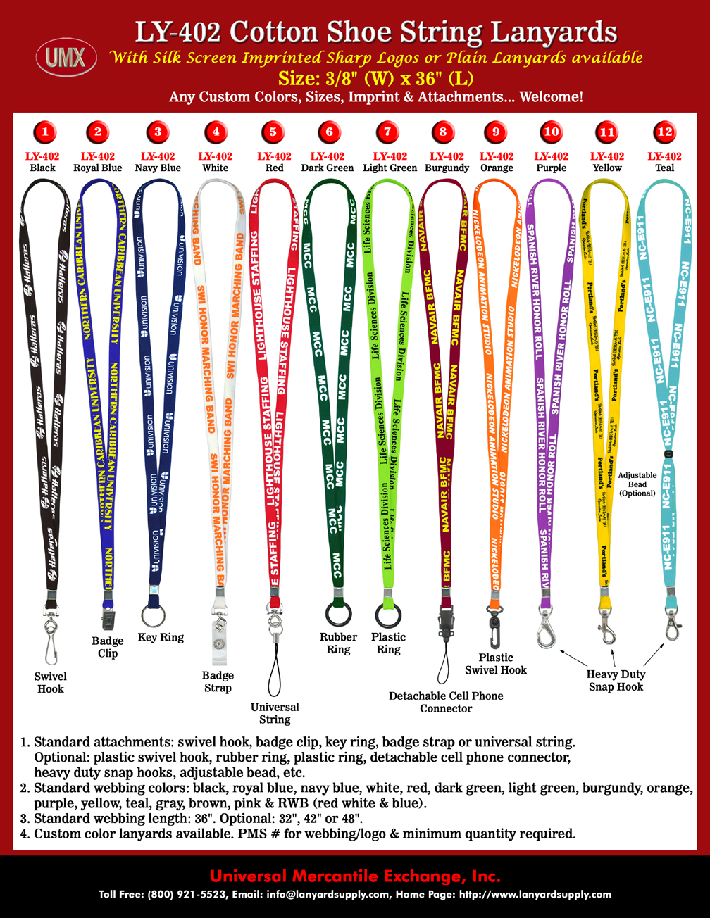 These low cost cotton custom lanyards, come with very comfortable to wear 3/8" high quality shoe string webbing.