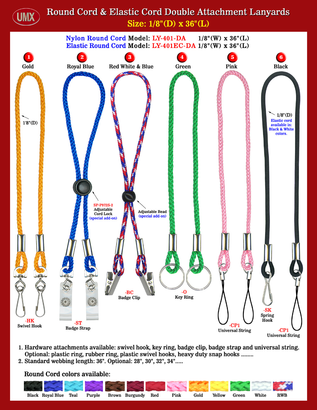 Custom Order 1/8" Nylon and Elastic Round Cord Double-End Neck Lanyards With Metal Coupler Fastening Hardware