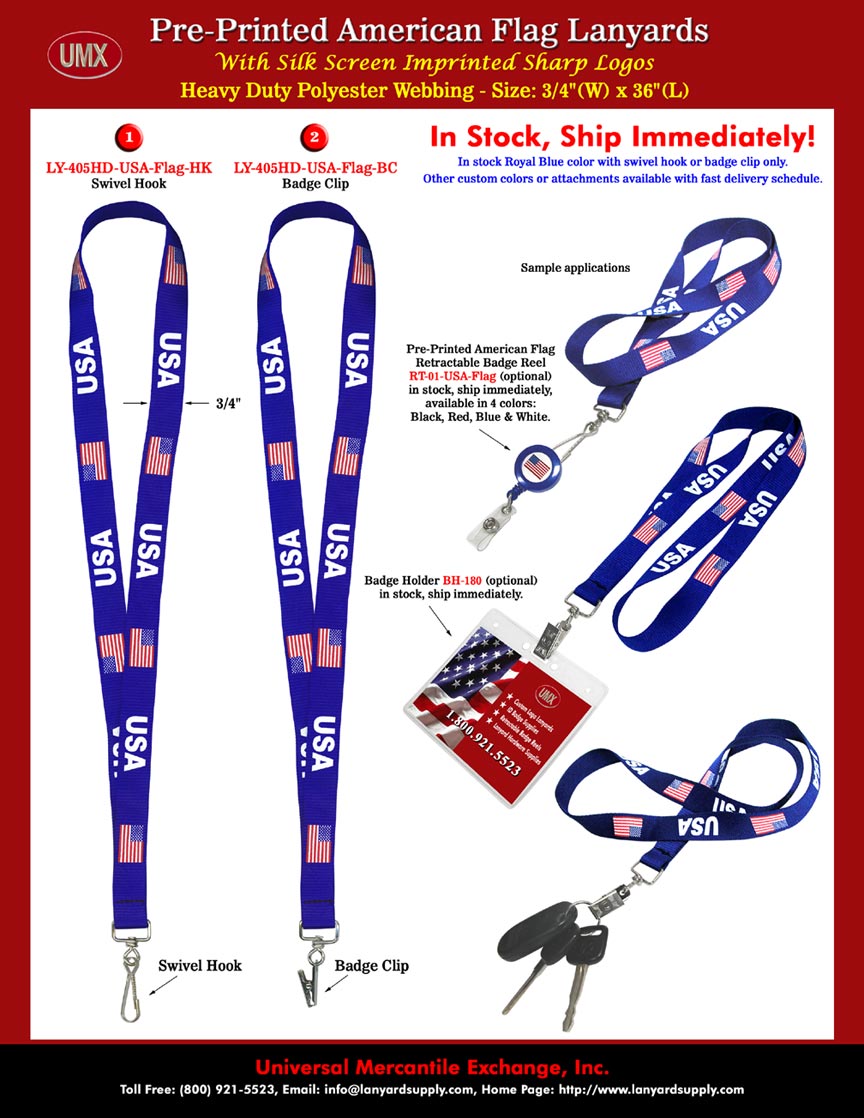 Printed lanyards come with American Flag and USA nicely layout and pre-printed on royal blue lanyards