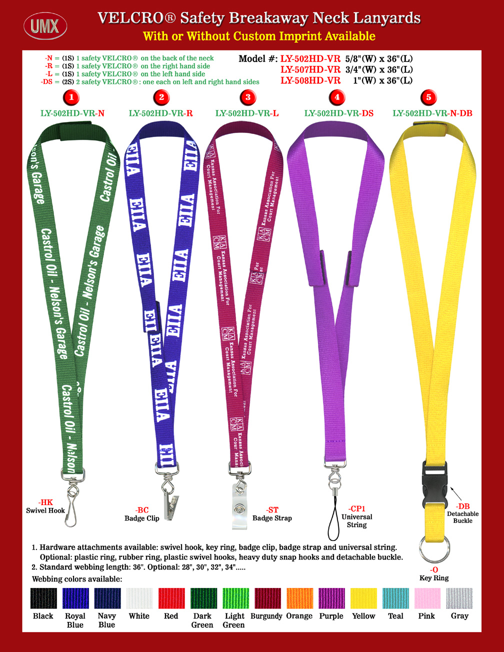 5/8", 3/4" and 1" Firmly Sewn Velcro Safety Name Badge Holder Lanyards.