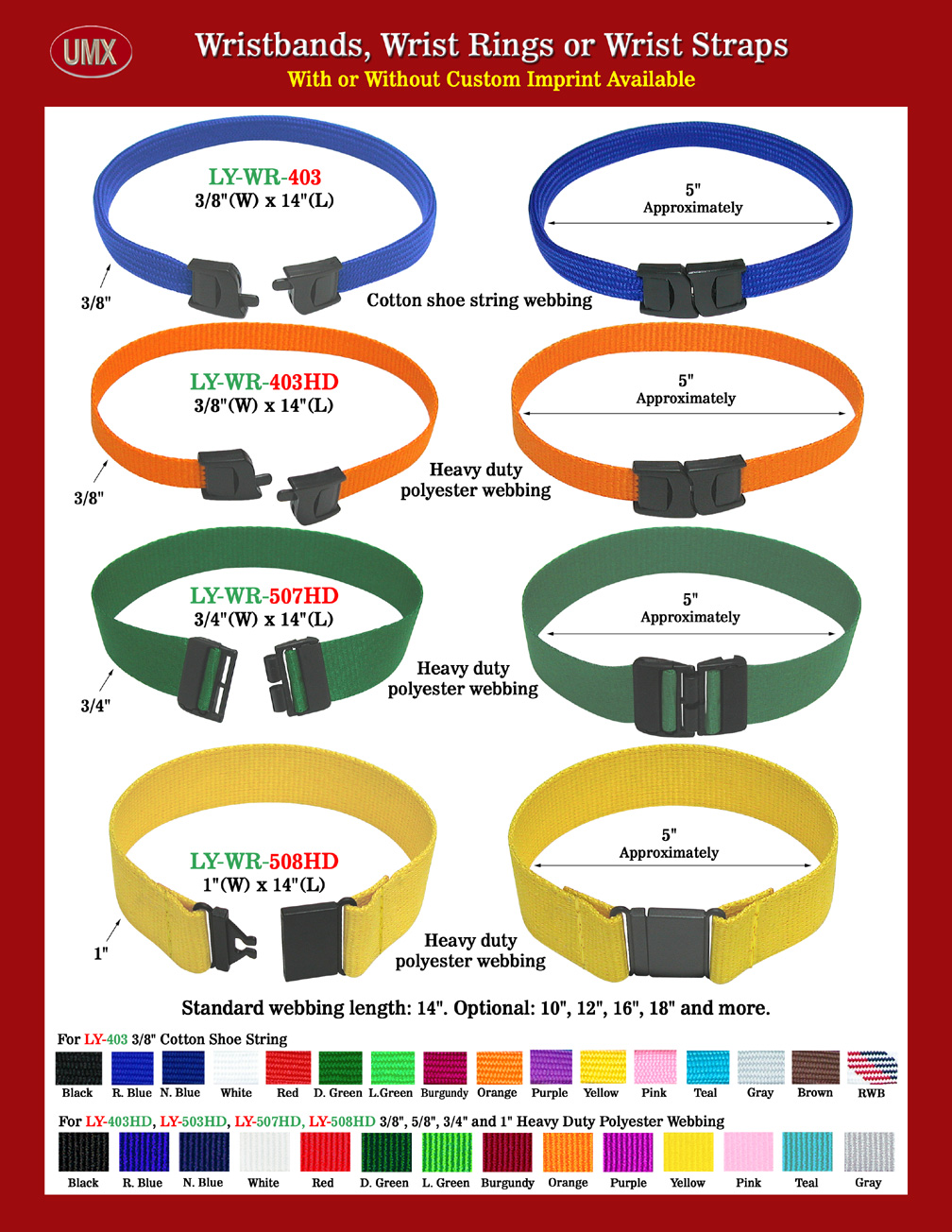 Overall View - 3/8",5/8",3/4" & 1" Plain Color Safety Wristband, Wrist Ring or Wrist Strap Lanyards With 1 Safety Breakaway Buckle.