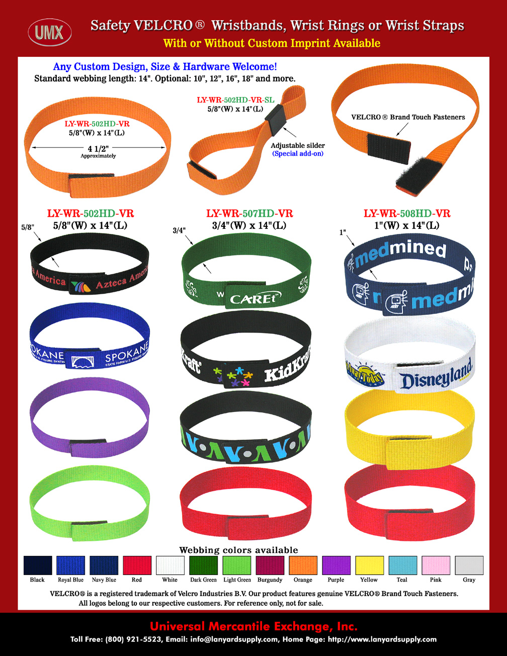 5/8",3/4" and 1" Plain Color Velcro® Safety Wristband, Bracelet, Wrist Band, Strap or Ring Lanyard At No Metal..