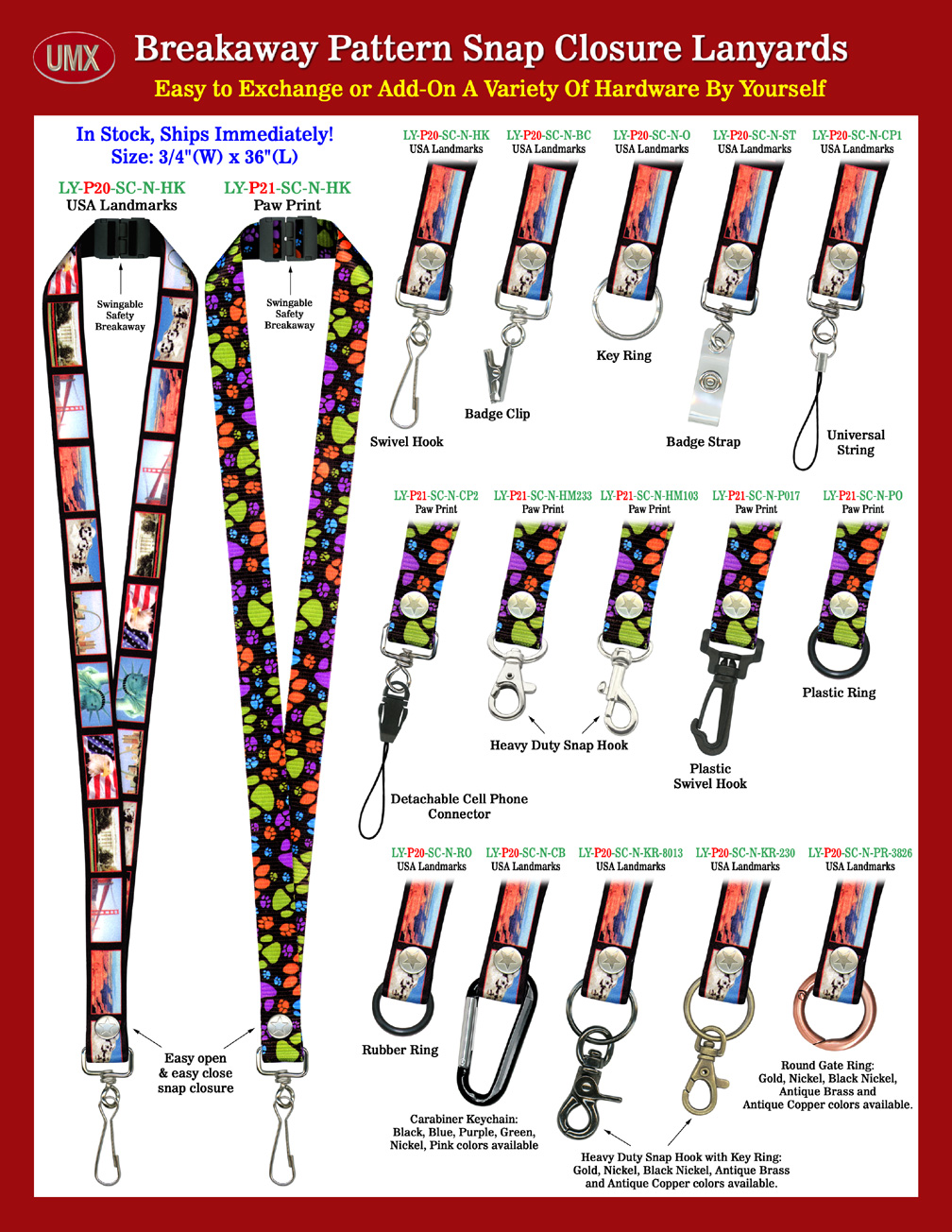 3/4" Safety Breakaway Snap-On Lanyards with Printed USA-Landmark and Paw-Print