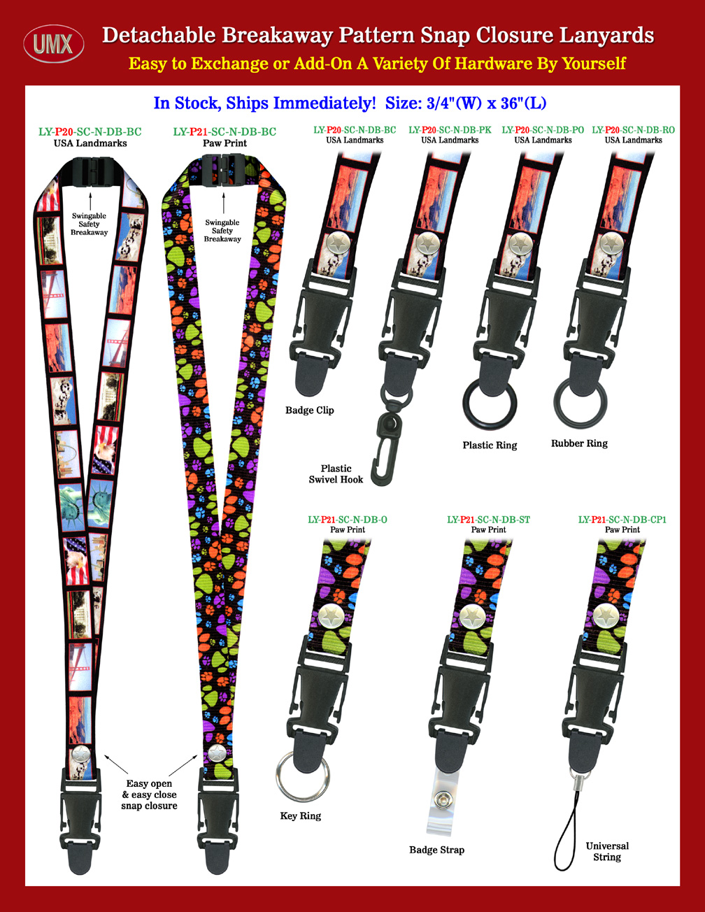 3/4" USA Landmark and Paw Print Quick Release and Safety Breakaway Snap Closure Lanyards.
