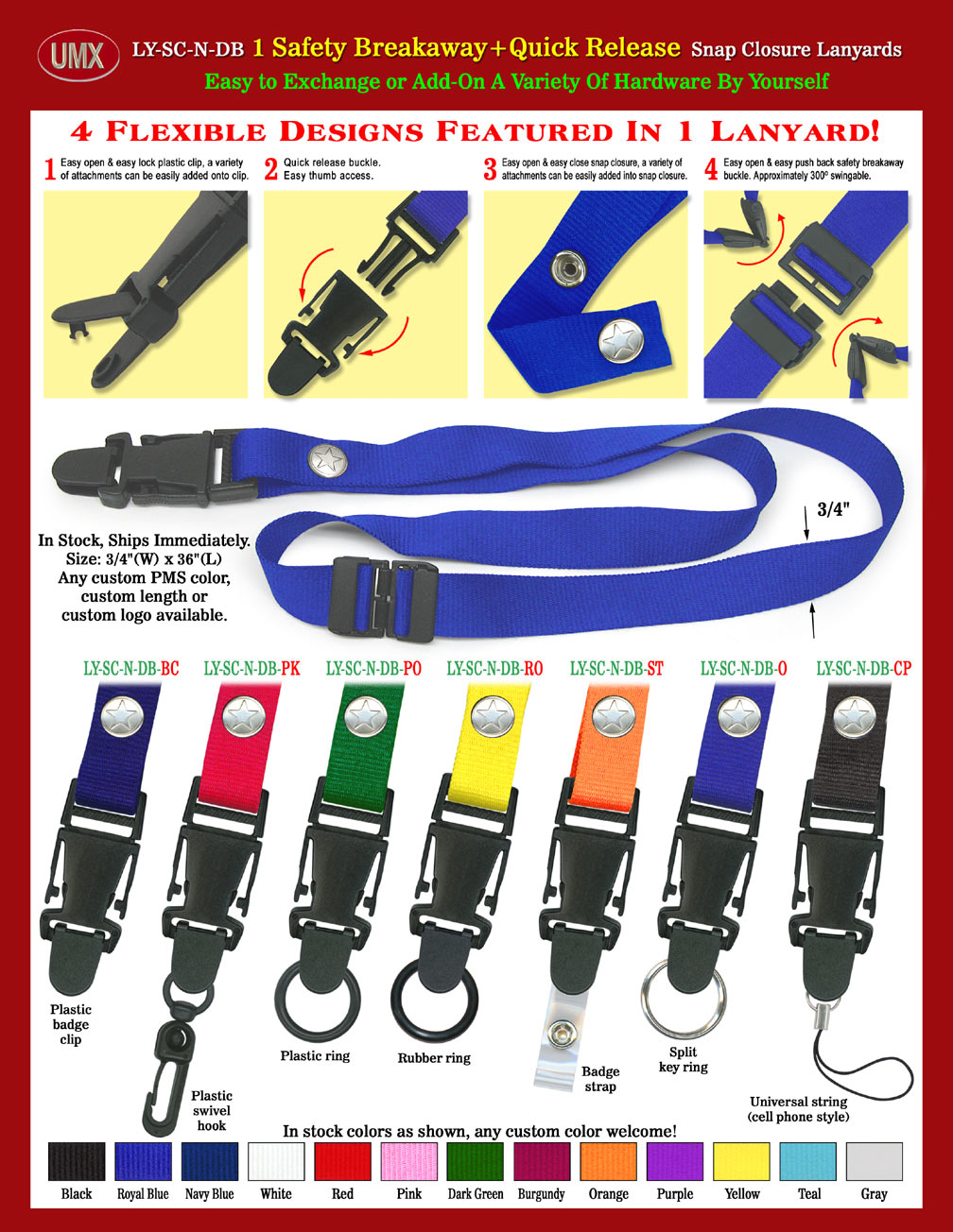 Quick Release Snap-On Safety Lanyards - With One Safety Breakaway On The Back Of Neck.