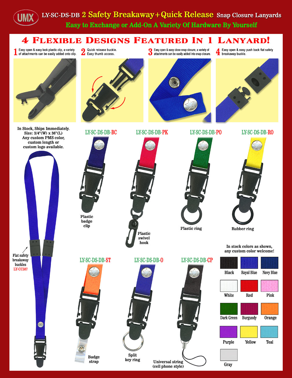 Double Safety Snap-On Lanyards with Quick Release Buckles - 3/4"  Snap-On Lanyards With Two Safety Breakaway.