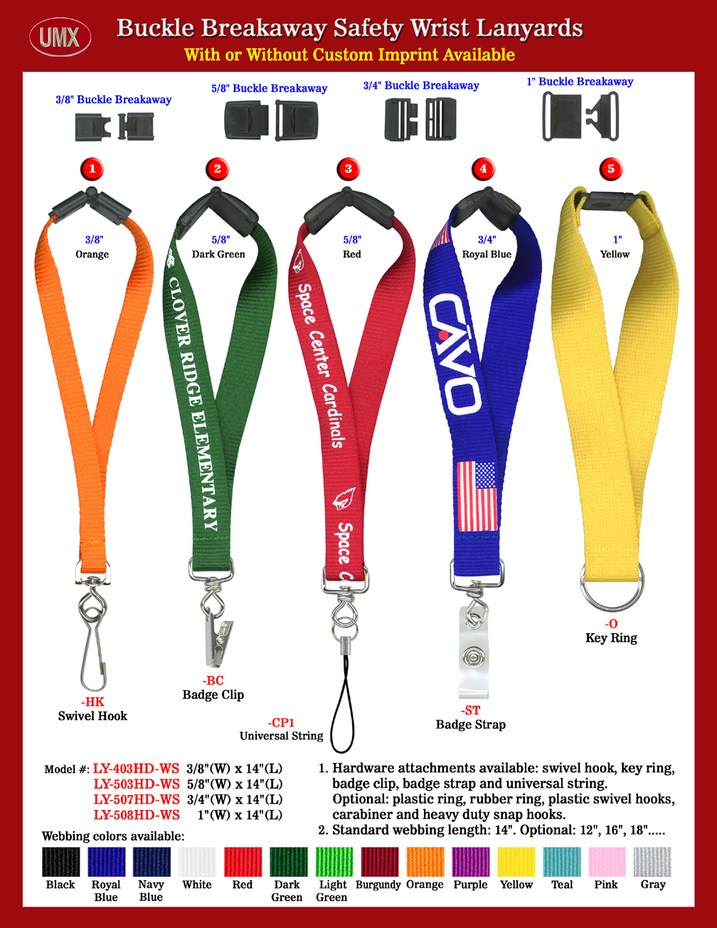 Custom Order or Custom Imprinted Heavy Duty Wrist Lanyards With Safety Breakaway Buckles With Sewn-On Hardware.