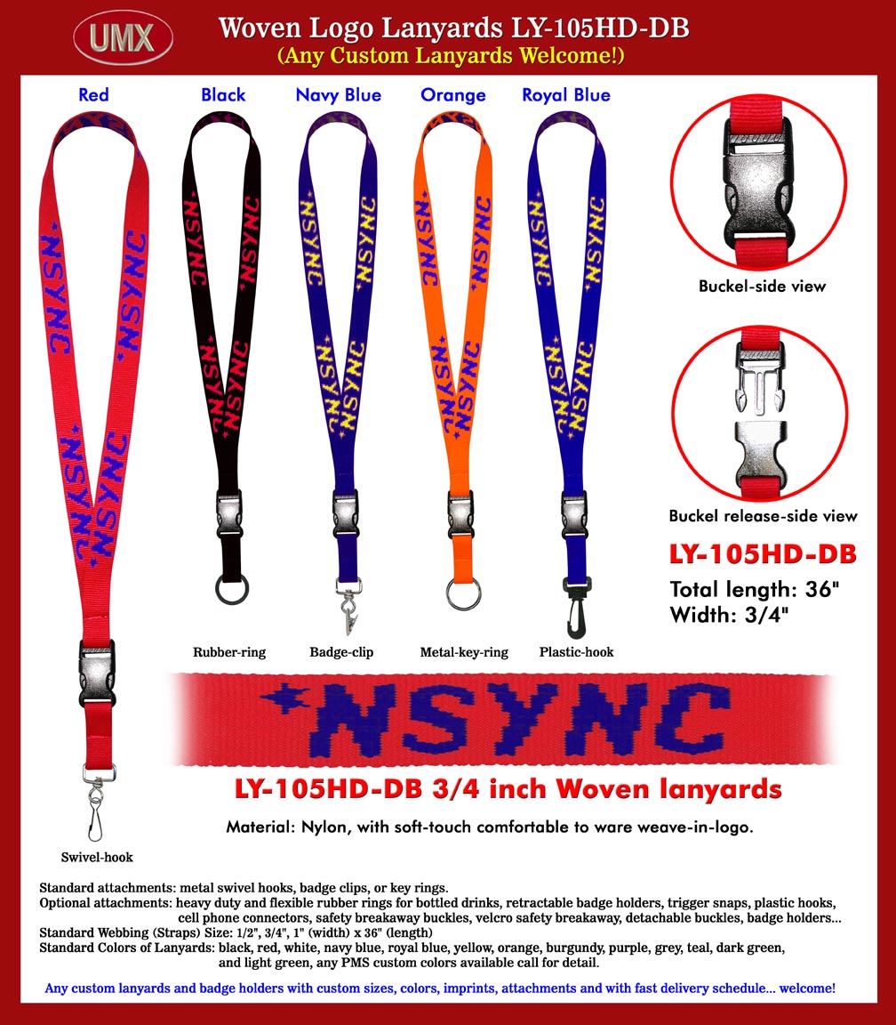 Weave-in-Logo Lanyards: Woven Lanyard with Weave-In Logos designed for soft-touch comfortable
to ware