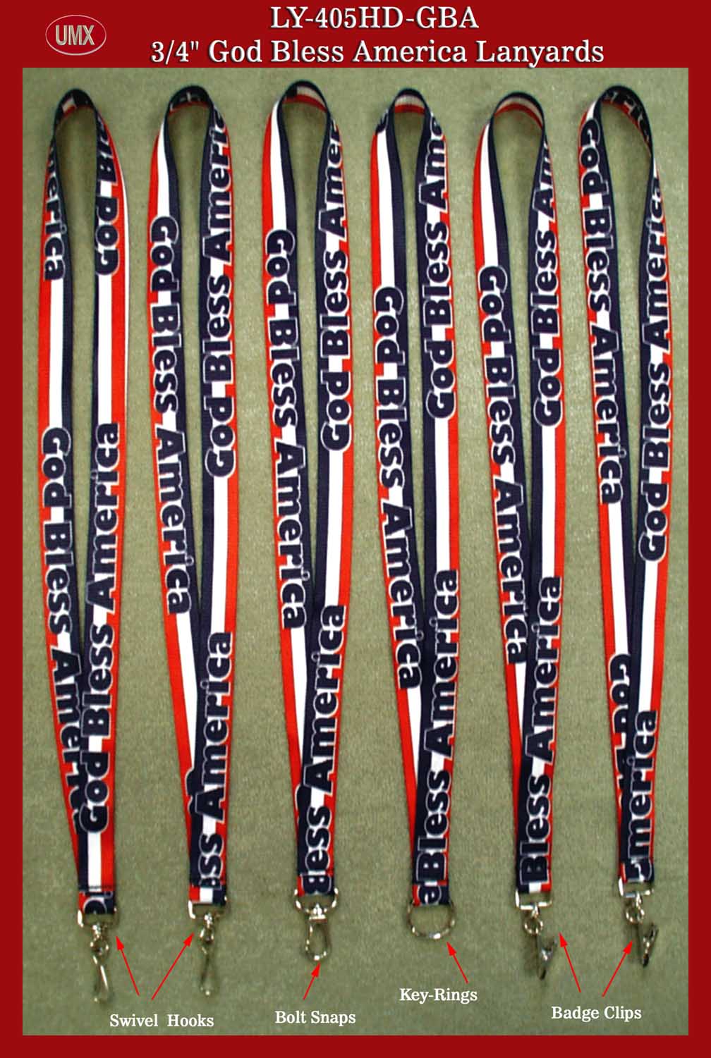 A1 - God Bless American Custom Logo Lanyard with Blue, Red and White Color Strips